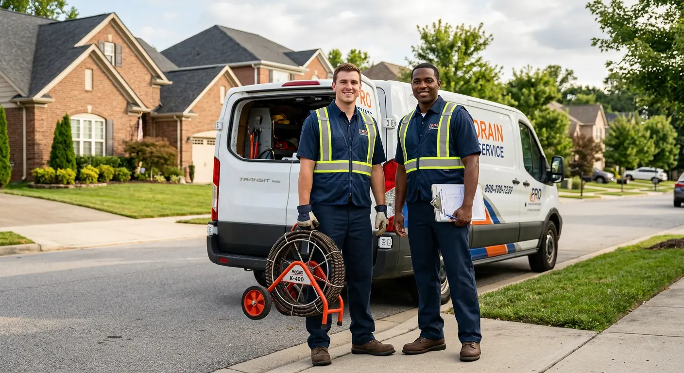 Sewer and drain service team with equipment ready for work in Melissa