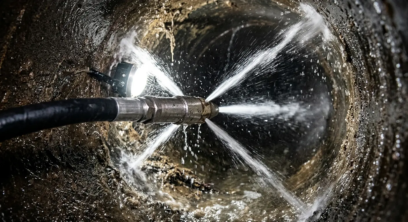 High-pressure hydro jetting nozzle cleaning sewer pipe for Sewer Cleanout in Melissa