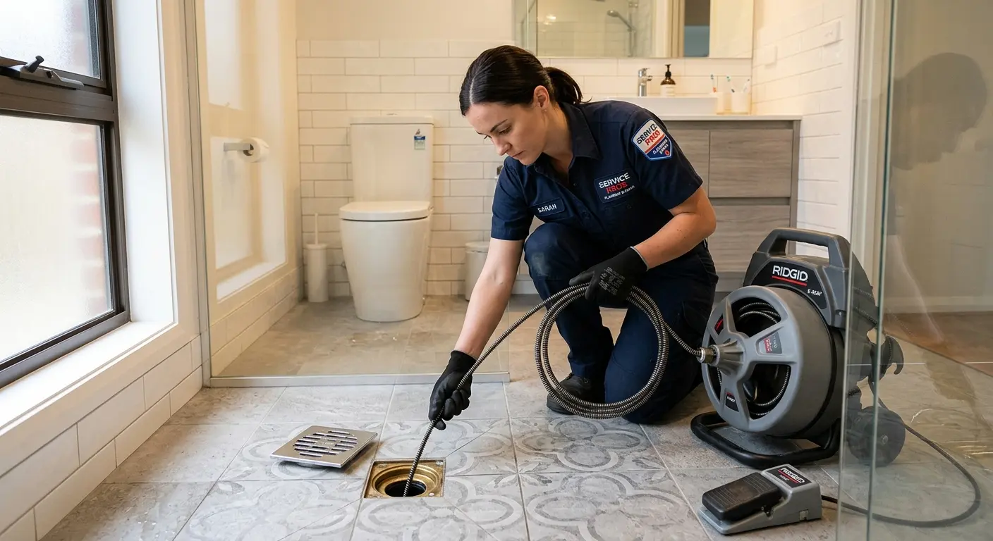 Technician clearing a bathroom floor drain for Hydro Jetting in Melissa
